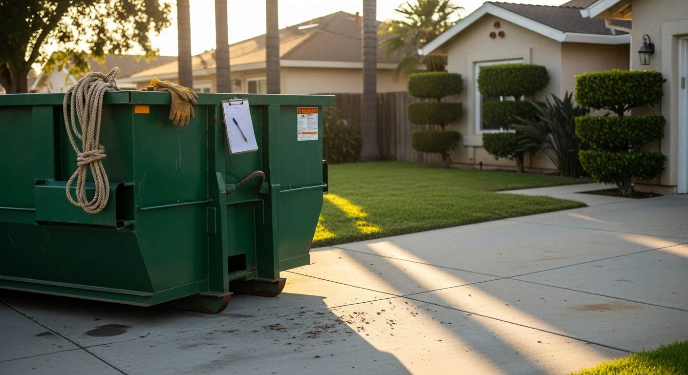 Dumpster rental container on residential driveway