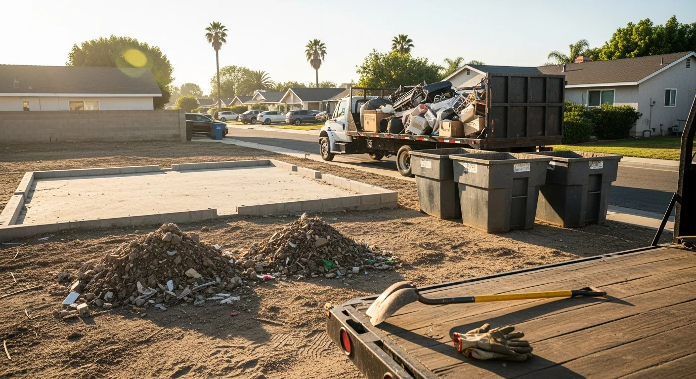 Junk removal truck loading debris from residential property