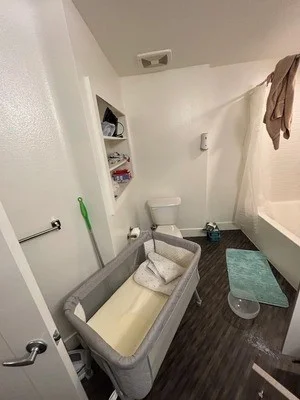 Empty bathroom with white walls, dark wood-look flooring, toilet, and built-in shelving after junk removal