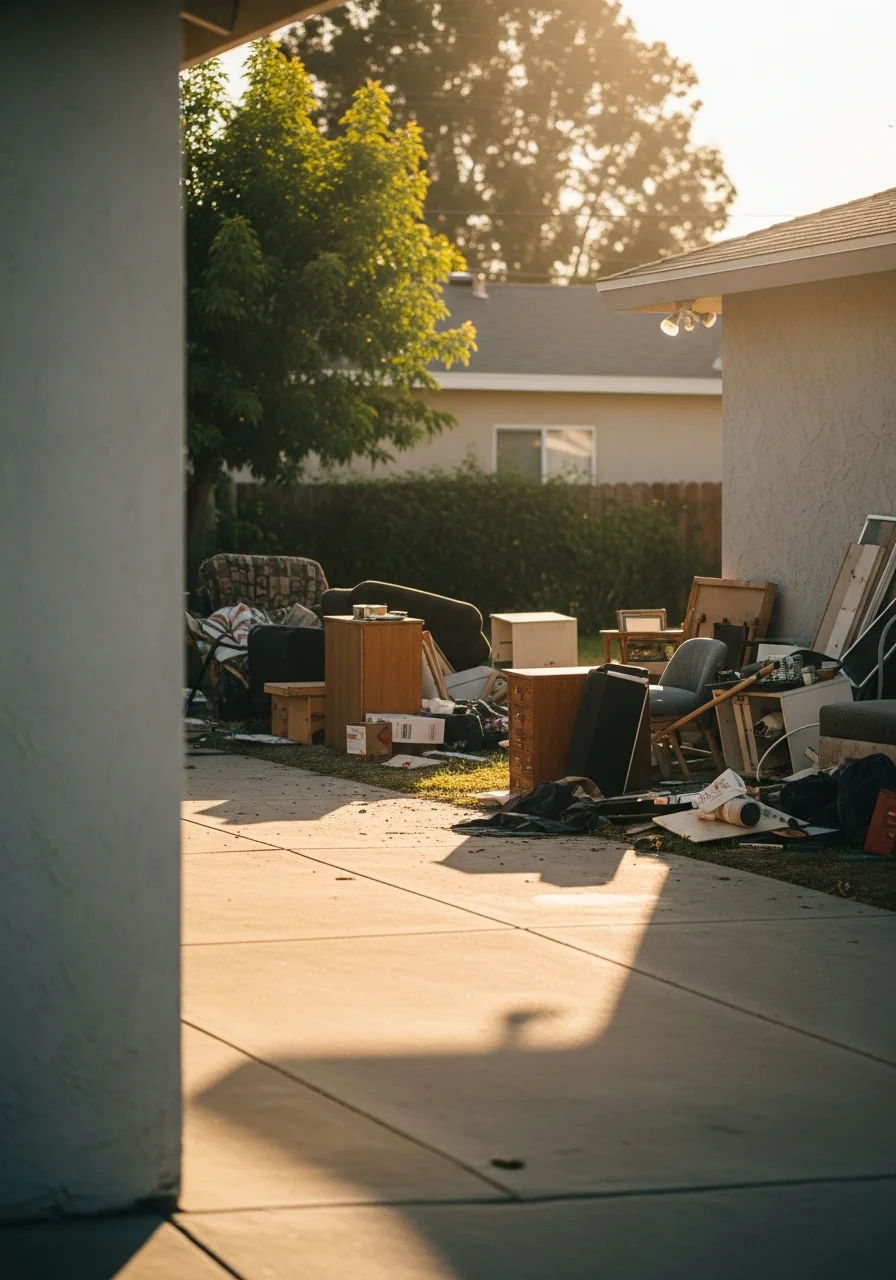 Contractor reviewing project details at an Anaheim property site with residential context visible.