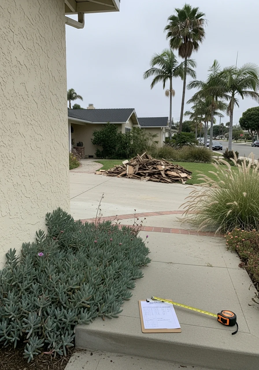 Contractor in work gear examining property details at a Huntington Beach residential site with coastal vegetation visible.