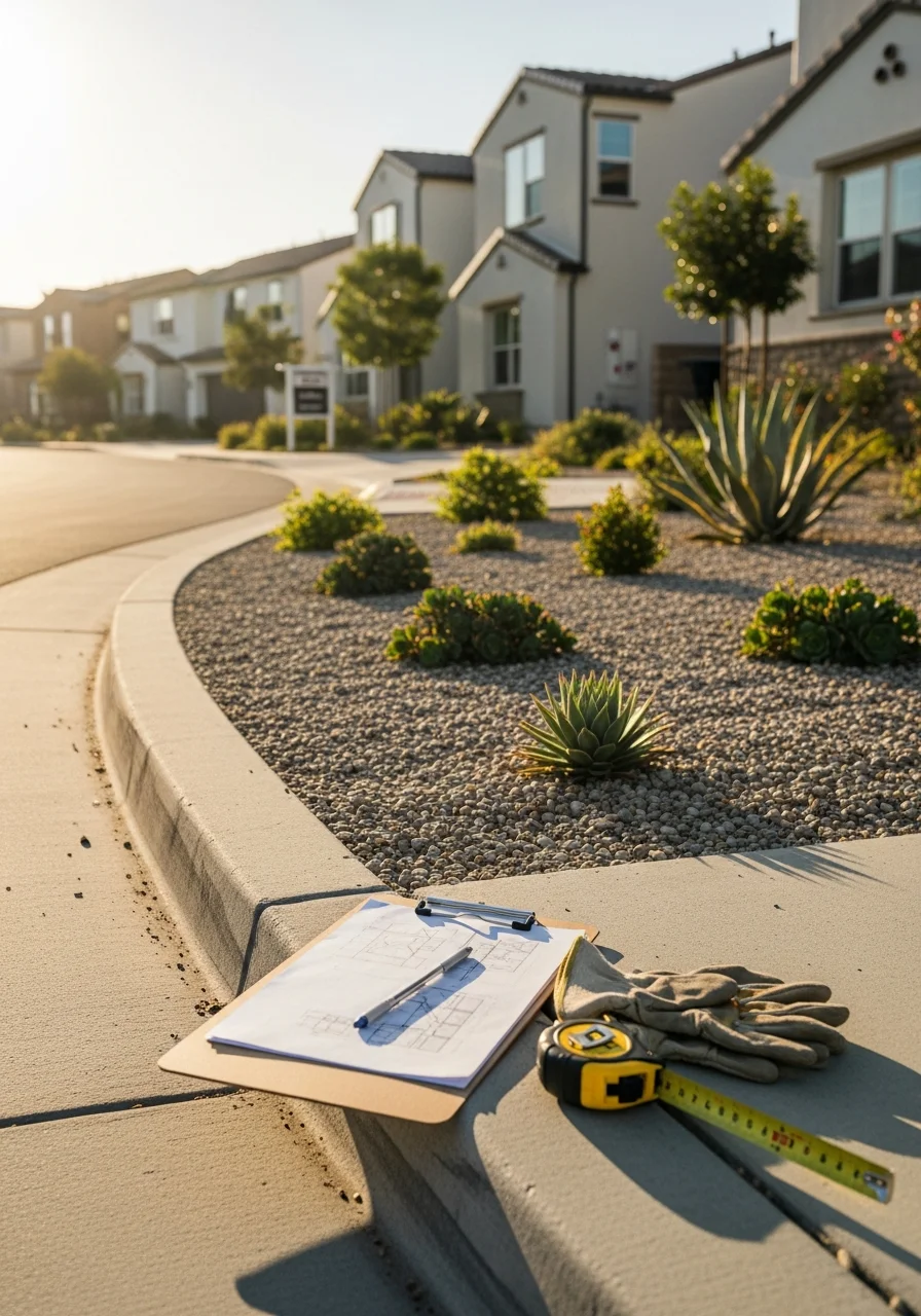 Contractor reviewing project specifications at an Irvine property with planned community features visible.