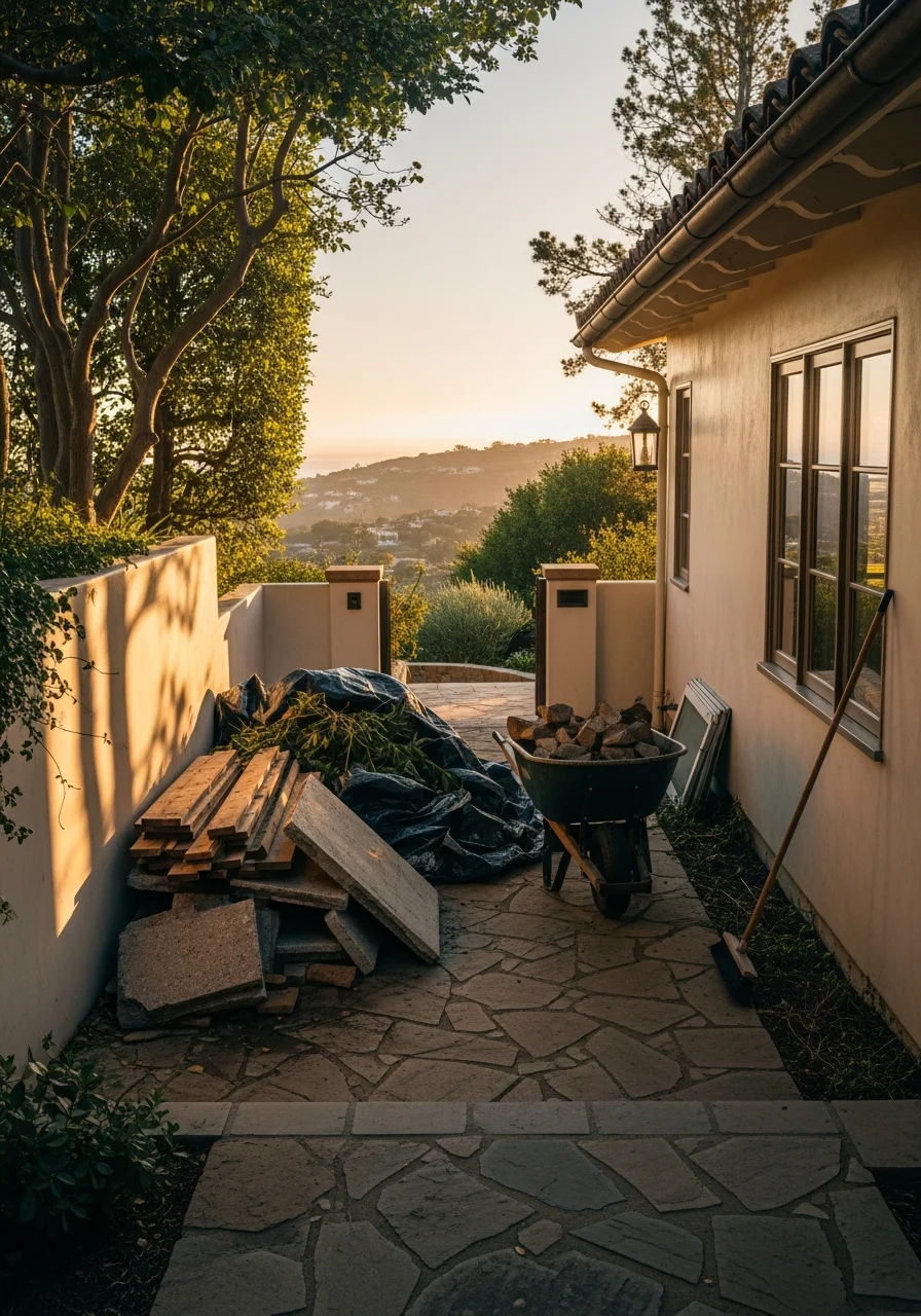 Contractor examining details at a Laguna Beach property with coastal architecture and premium setting.
