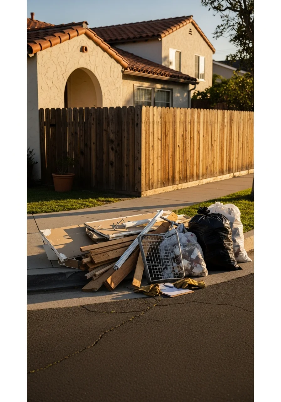 Contractor holding work materials at a Santa Ana property site showing typical neighborhood characteristics.