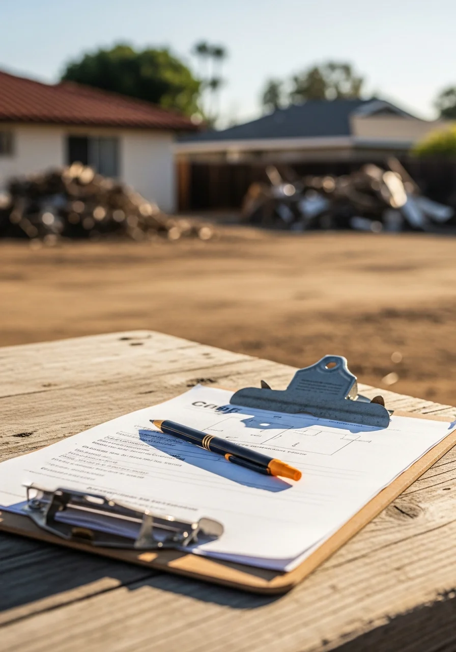 Close-up of contractor holding clipboard and reviewing project details at a Westminster property site.
