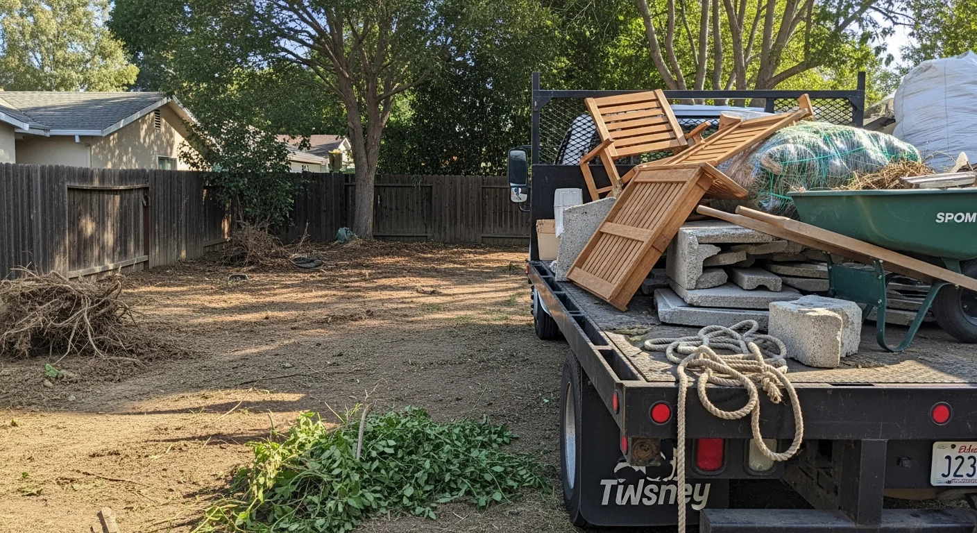 A cleared residential backyard in Westminster, CA after a full debris and junk removal cleanup. The space is empty of old furniture, yard waste, and broken materials, showing bare ground ready for a new outdoor project.