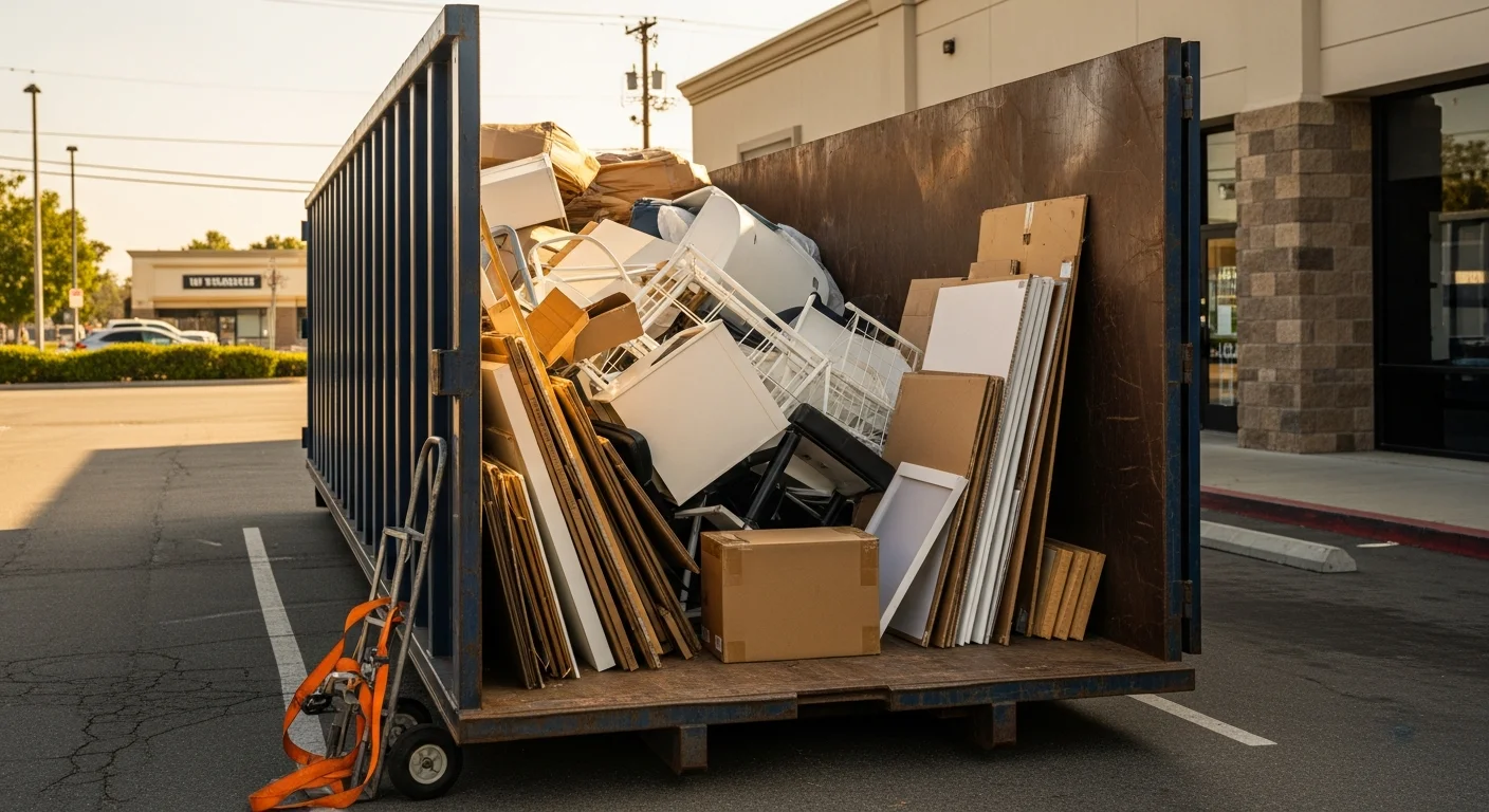 A cleared commercial property in Westminster, California with rubbish and bulky waste loaded into a hauling truck parked in a back-of-building access area. The business interior is visible in the background, free of debris after a full commercial cleanup.
