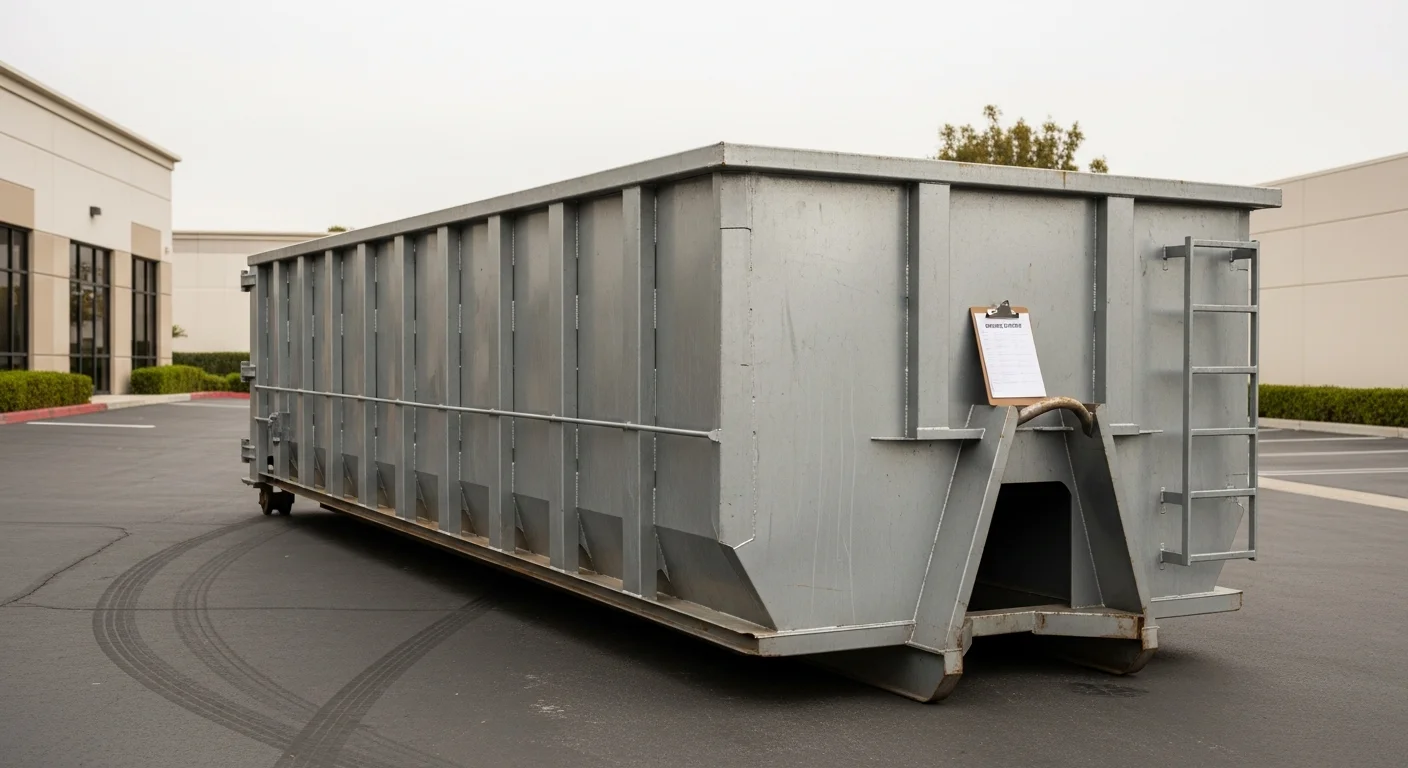 A large roll-off dumpster parked on a commercial property in Westminster, CA, filled with construction debris and renovation waste from an active job site. The container sits on a paved lot beside a commercial building undergoing remodeling.