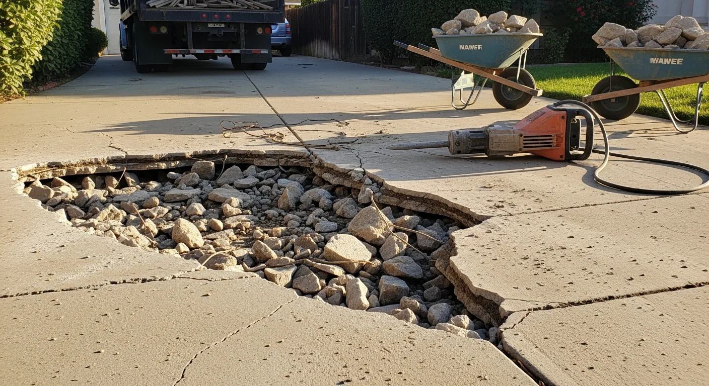 A Westminster, CA residential driveway mid-demolition with broken concrete slabs lifted and staged for hauling. An OC Cleanup and Hauling crew loads concrete debris into a truck on a sunny Southern California day.