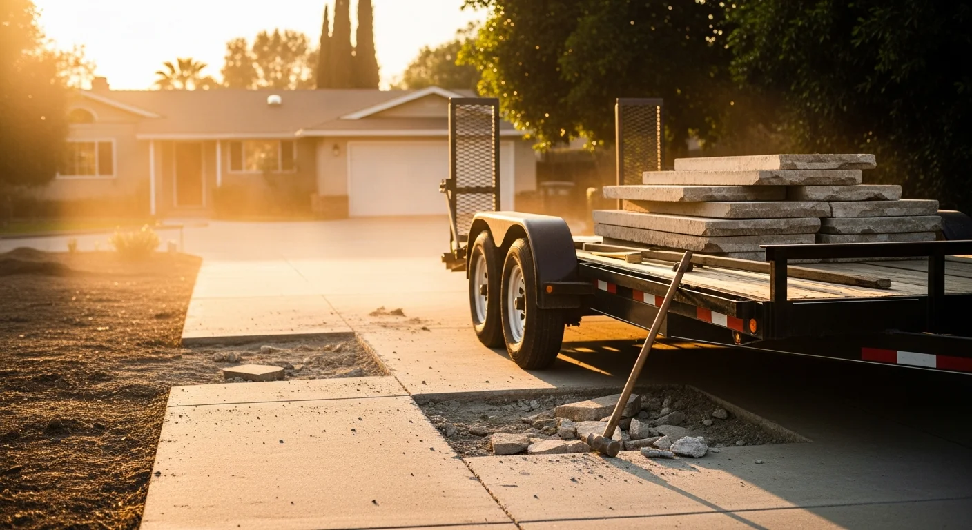A Westminster residential driveway cleared of broken concrete slabs after a hauling job by OC Cleanup and Hauling. Chunks of demolished concrete are loaded into a hauling truck parked at the curb of a single-family home.