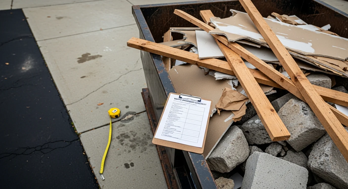 A roll-off construction dumpster filled with drywall, wood framing, and roofing debris parked on a residential job site driveway in Westminster, California. The surrounding property shows an active remodel in progress with cleared construction materials staged nearby.