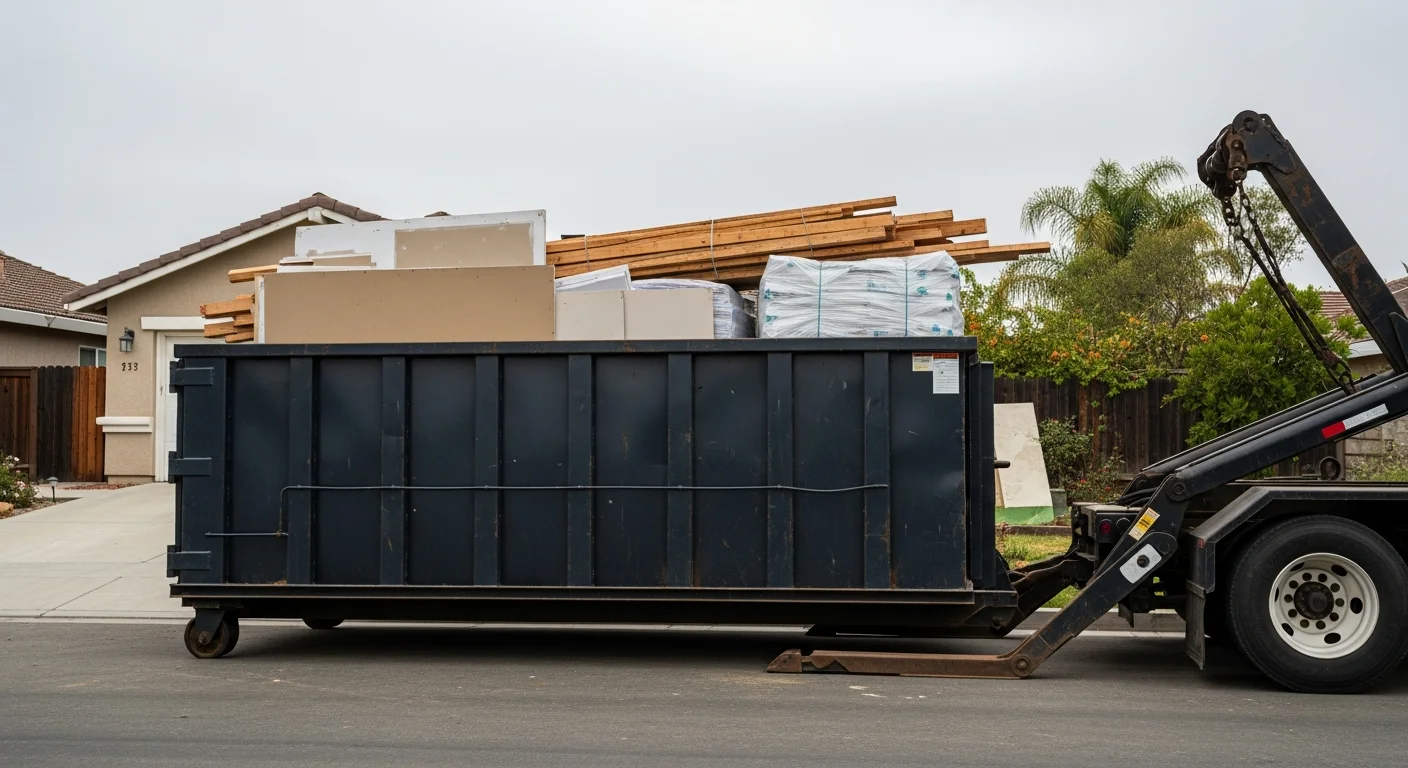 A roll-off debris dumpster placed on a residential driveway in Westminster, California, filled with renovation materials including wood framing and drywall. An OC Cleanup and Hauling truck is visible in the background preparing for pickup.