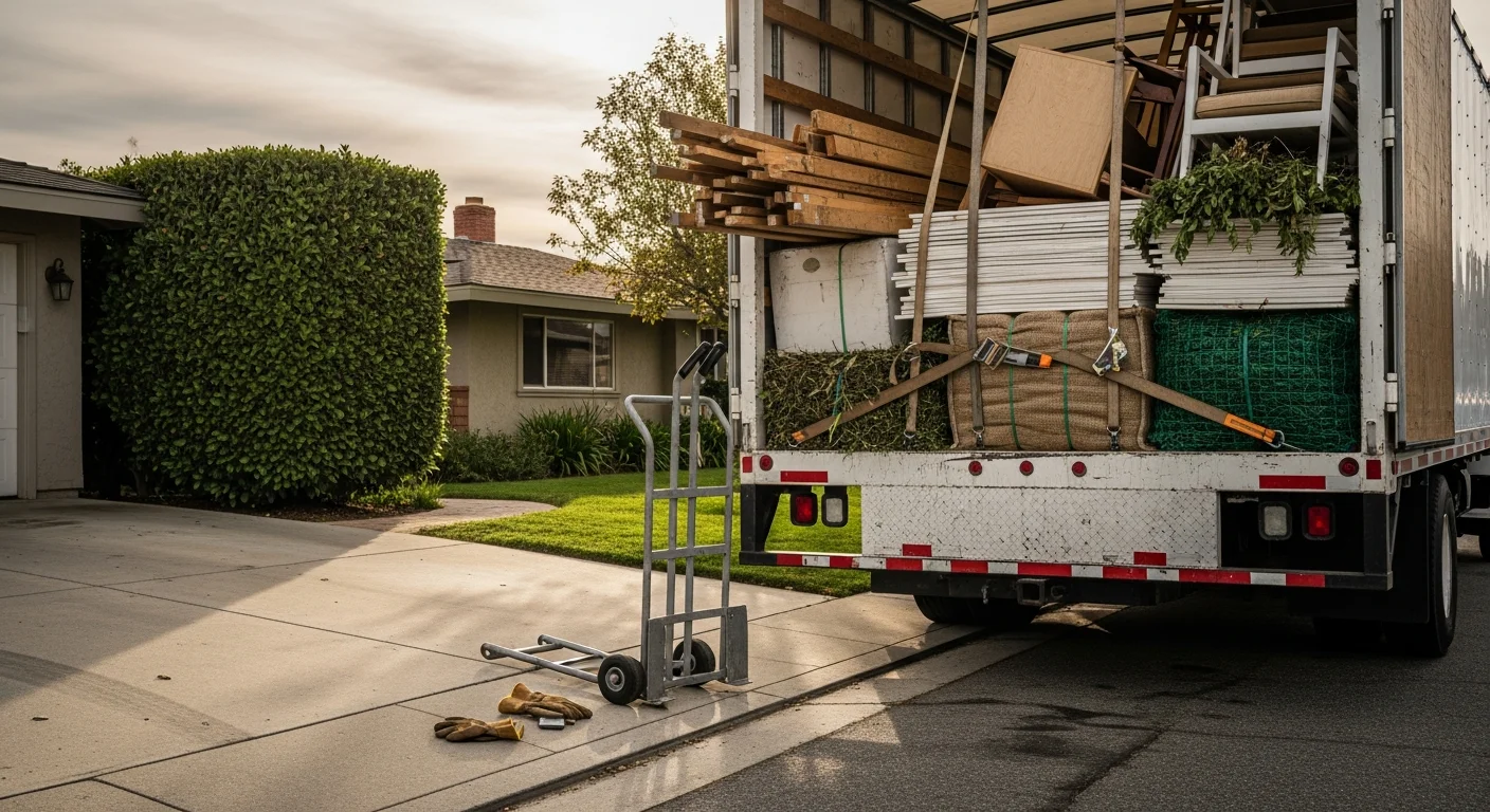 A cleared Westminster residential backyard after debris hauling, with a pile of construction scraps and yard waste loaded into a hauling truck parked in the driveway. The property is a single-family home typical of Orange County's older residential neighborhoods.
