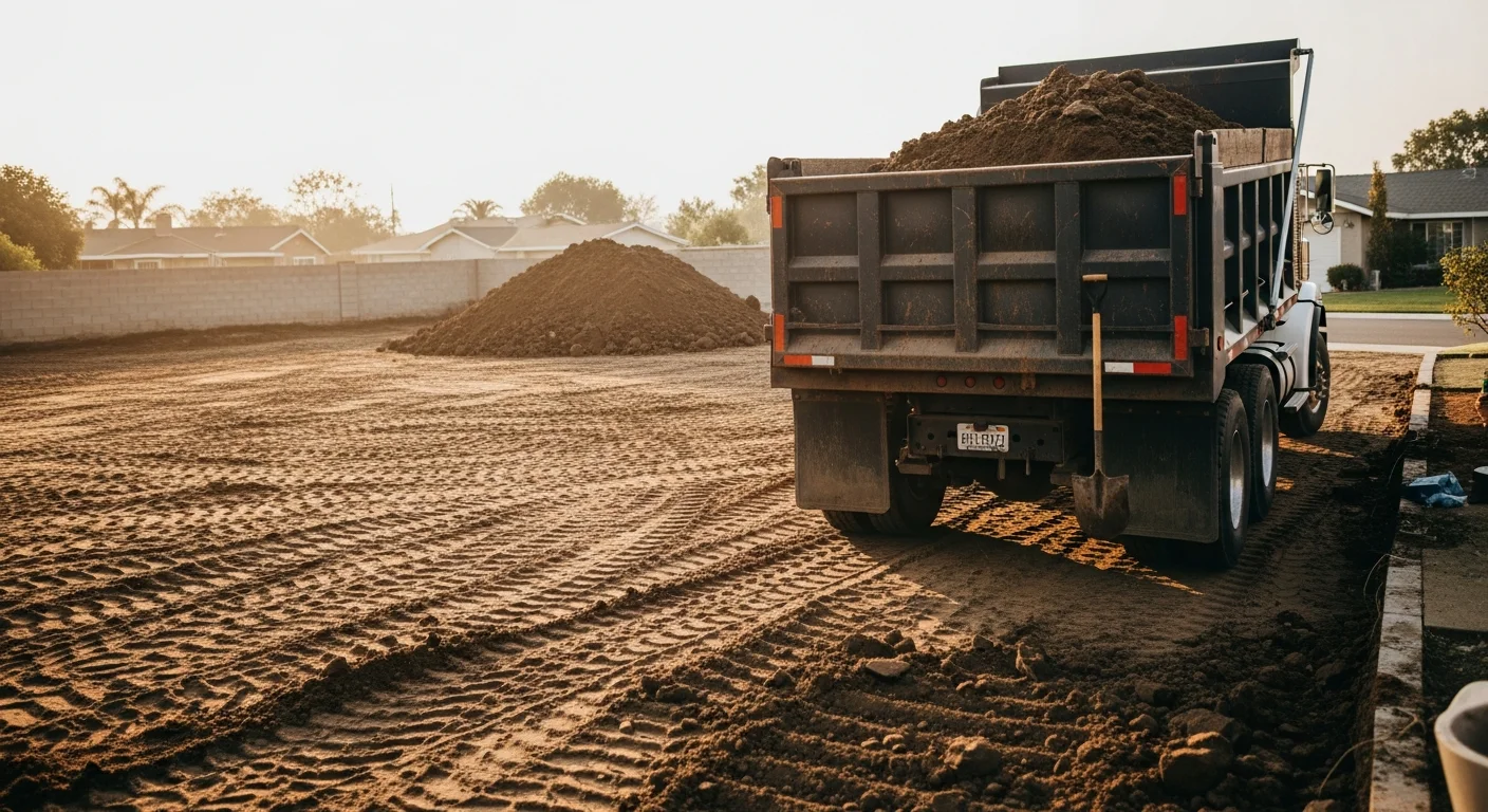A cleared residential backyard in Westminster, California after dirt hauling service, showing bare, level ground where a large soil pile was removed. A hauling truck is visible near the property edge with an empty truck bed.