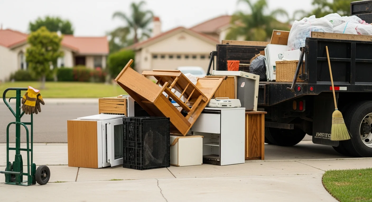 A cleared residential backyard in Westminster, CA after a general cleanup, with rubbish, old furniture, and yard debris fully removed. An OC Cleanup and Hauling truck is visible near the property with the space left clean and open.