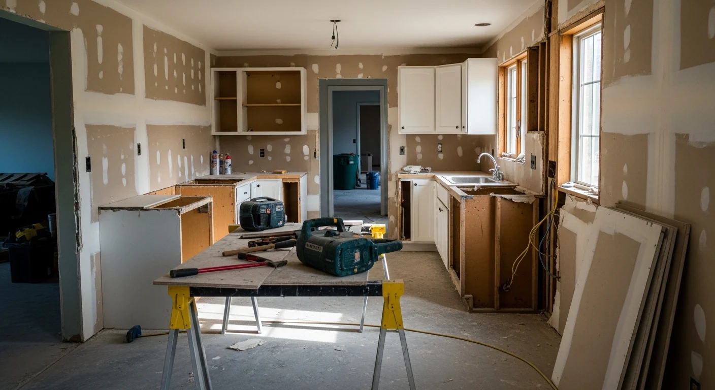 Interior of a Westminster, CA property mid-demolition with walls stripped to the studs and flooring removed, leaving a clean open space ready for renovation. Debris is staged near the exit for haul-away by OC Cleanup and Hauling.