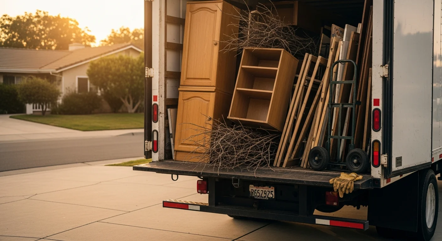 A cleared Westminster, CA garage with empty floor space after OC Cleanup and Hauling removed old furniture, boxes, and appliances. A hauling truck is visible in the driveway with the load secured for disposal.