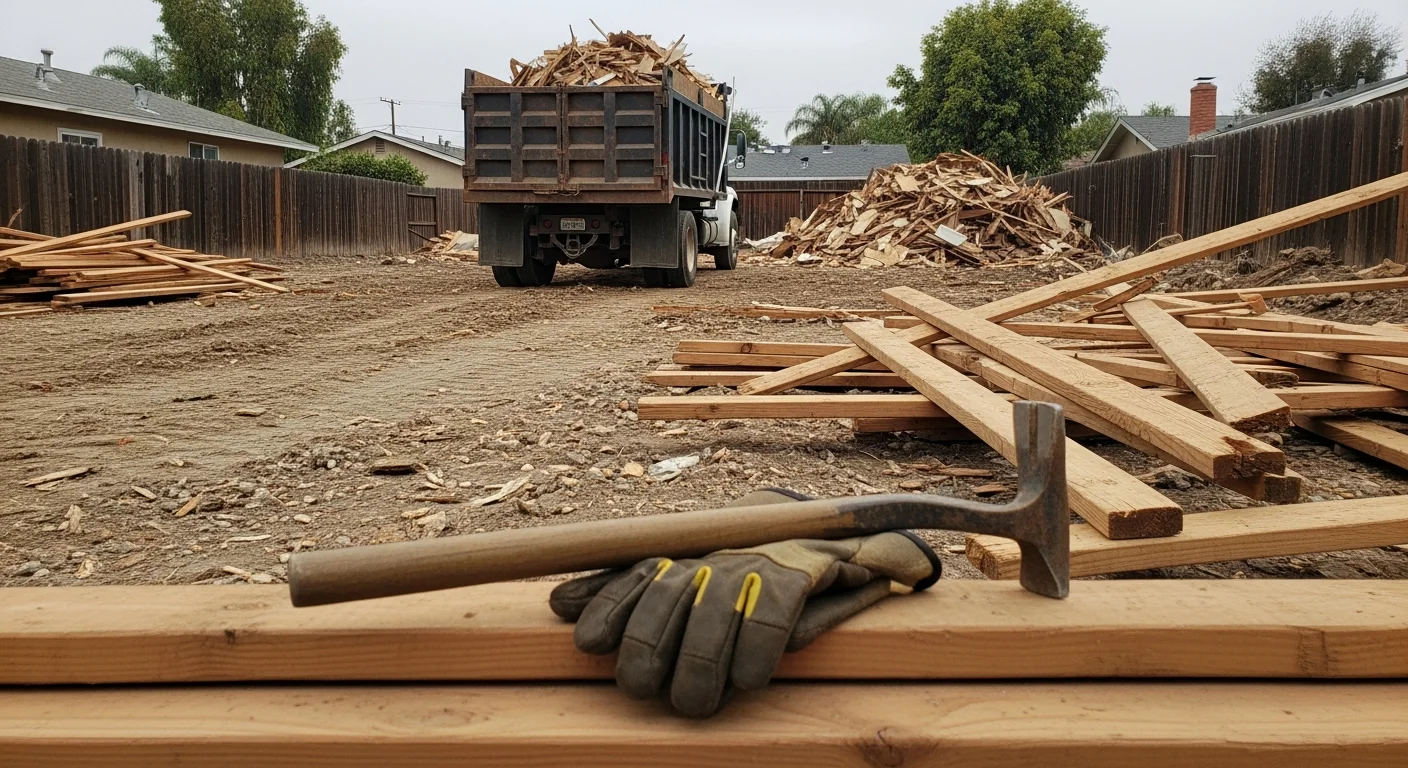 A cleared residential backyard in Westminster, CA after light demolition of an old wood shed, with debris removed and bare ground ready for new construction. An OC Cleanup and Hauling crew member stands near a loaded debris truck parked on the property.