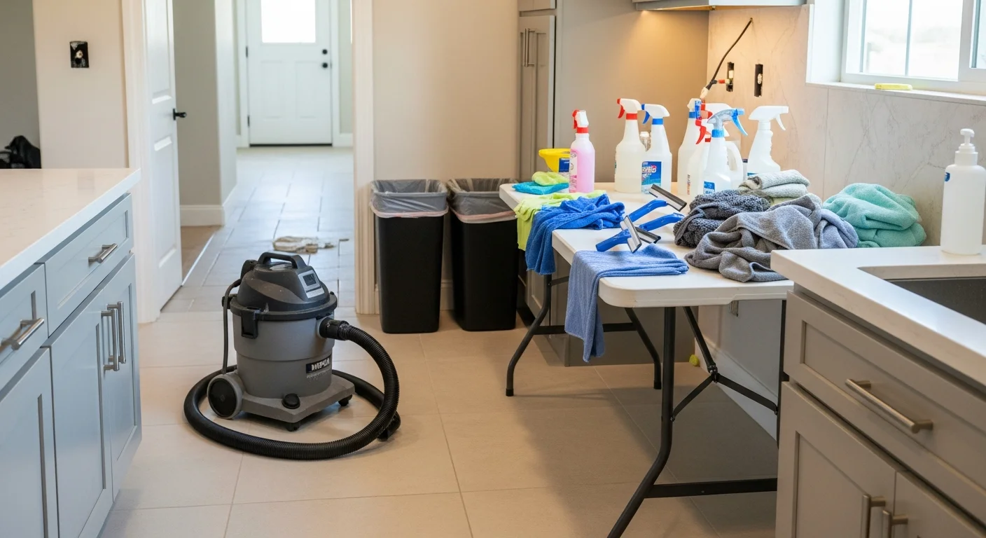 A freshly cleaned interior room in a Westminster, CA property after construction, showing dust-free floors, wiped fixtures, and no remaining debris or building materials. OC Cleanup and Hauling post-construction cleanup service result.
