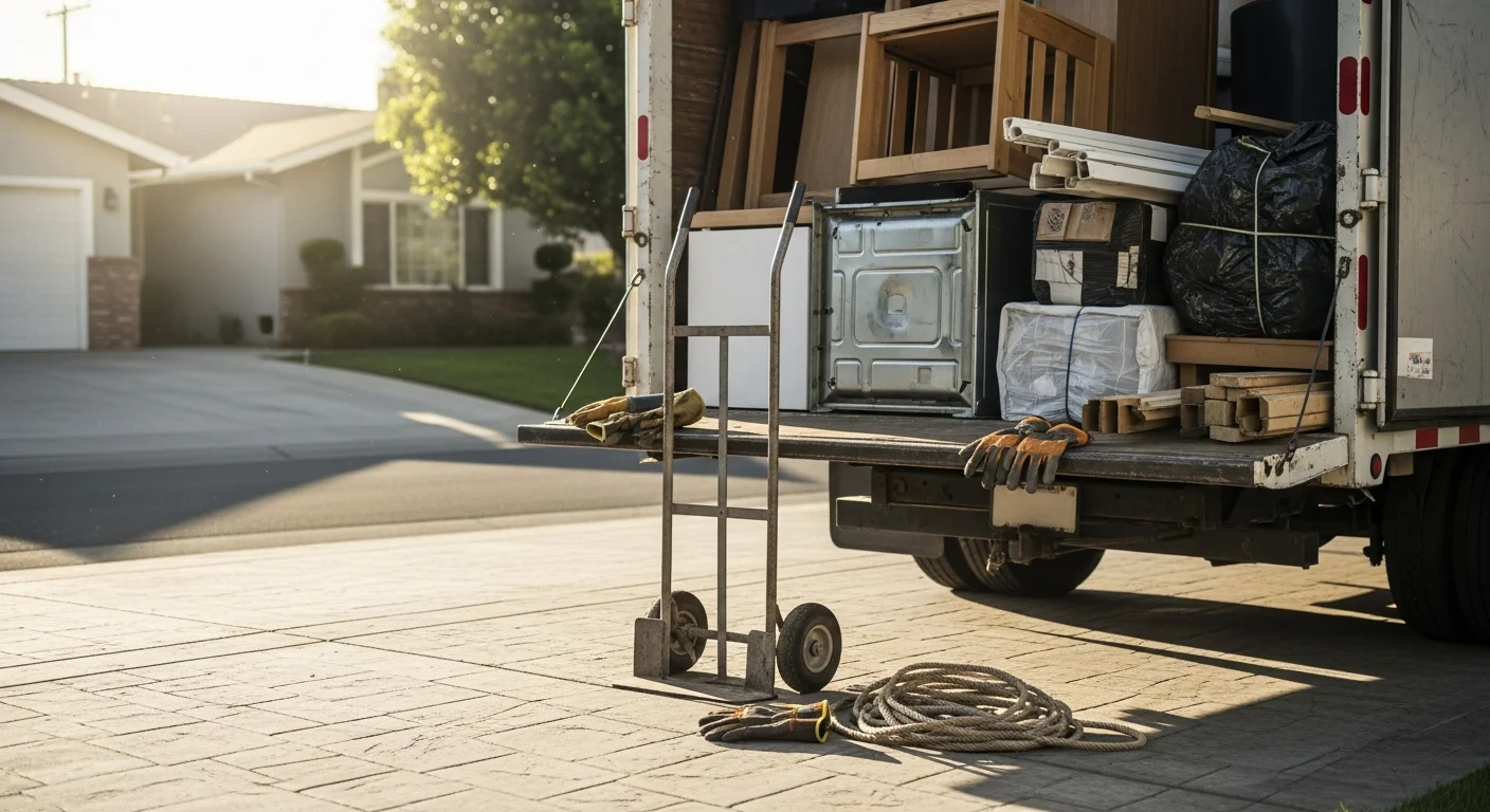 A cleared Westminster, CA residential property after a full property cleanup, with an empty driveway and tidy yard where piles of old furniture and debris previously sat. An OC Cleanup and Hauling truck is parked at the curb with a loaded haul ready for responsible disposal.