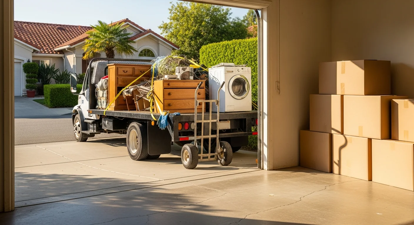 A cleared Westminster, CA residential garage with empty floor space after furniture and junk removal by OC Cleanup and Hauling. Bags of debris and old household items are loaded into a hauling truck parked in the driveway.