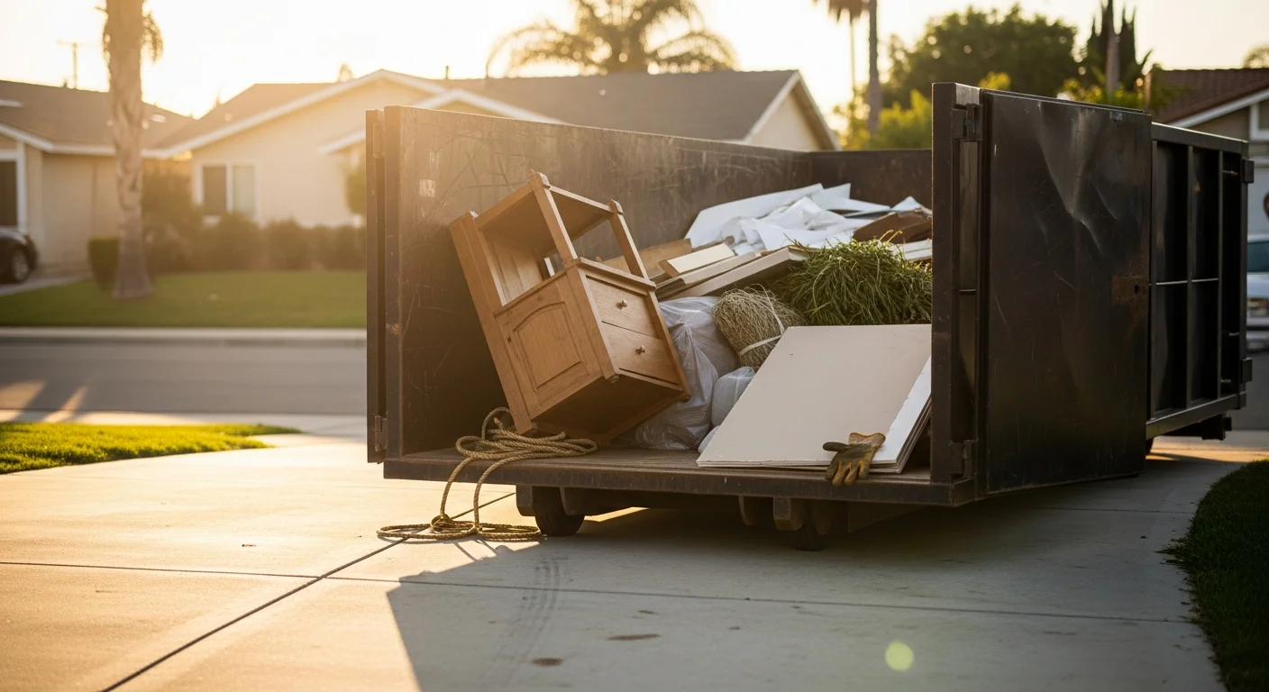 A roll-off dumpster placed on a residential driveway in Westminster, CA, filled with household junk and remodel debris from a home cleanout. OC Cleanup and Hauling truck parked at the curb ready for pickup.