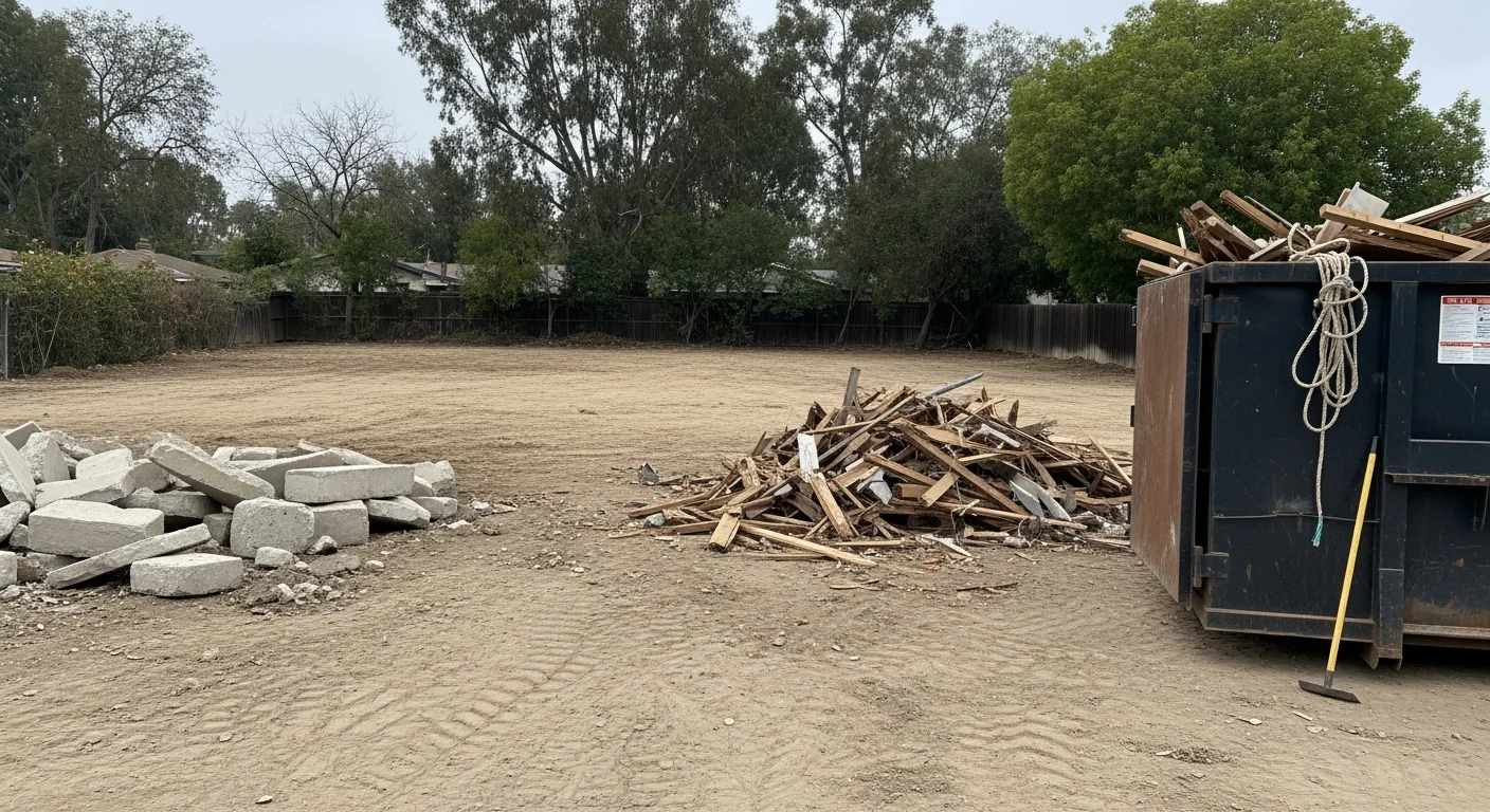 A cleared residential lot in Westminster, CA with debris and construction waste removed, showing bare ground ready for building work. OC Cleanup and Hauling truck parked at the curb after completing a site preparation haul.