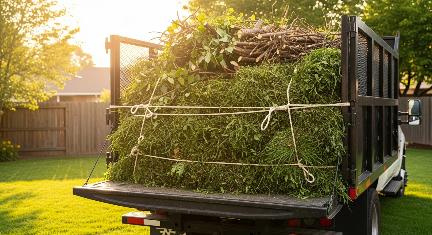 A Westminster residential yard cleared of branches, shrub trimmings, and grass clippings after a hauling crew loaded the debris into a truck. The front yard is clean and open with no visible piles of green waste remaining.